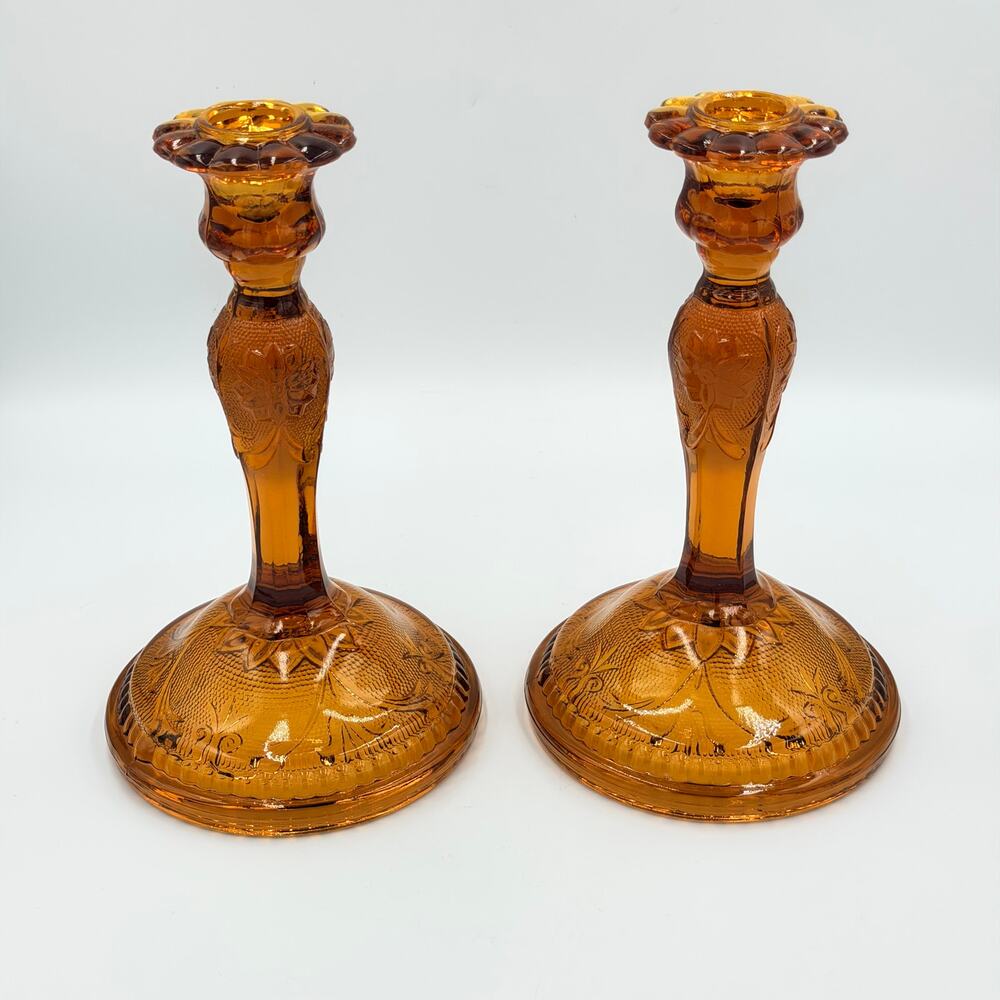 Brockway Indiana Glass Large Tiara Amber Sandwich Candlesticks 9" Set